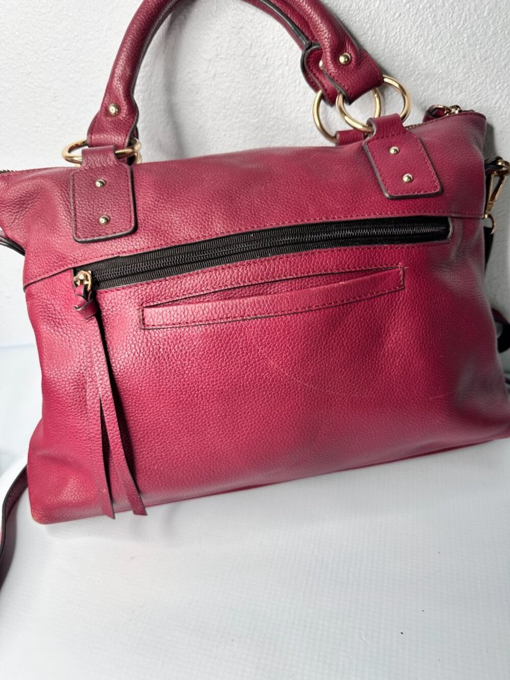 Lodis Bryant Satchel Pebbled Leather Handbag Wine Mulberry Gold Tone Purse - Picture 3 of 6